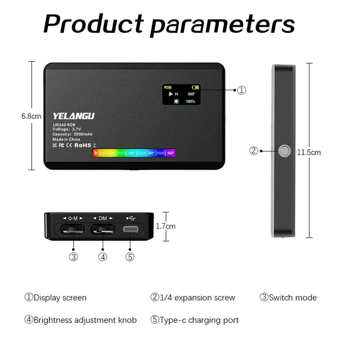 YELANGU LW140RGB Indoor Photography Square Fill Light LED Handheld Ambient Light - 7