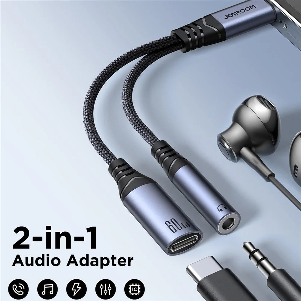 JOYROOM SY-C02 Headphone Adapter Type-C to 3.5mm+Type-C Aux Audio Cable with PD 60W Fast Charging - Black - 2