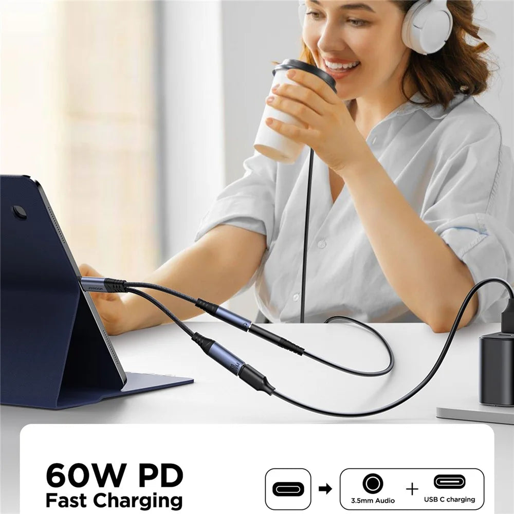 JOYROOM SY-C02 Headphone Adapter Type-C to 3.5mm+Type-C Aux Audio Cable with PD 60W Fast Charging - Black - 3