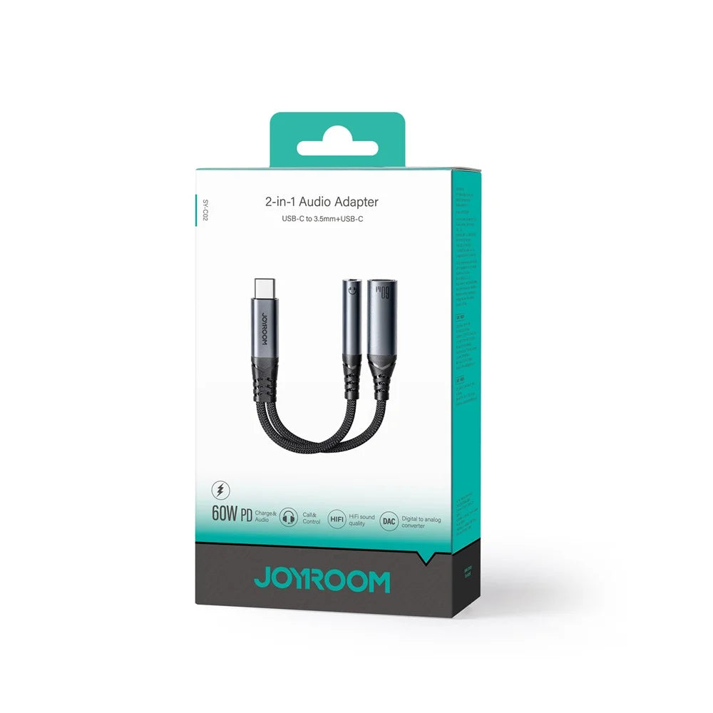 JOYROOM SY-C02 Headphone Adapter Type-C to 3.5mm+Type-C Aux Audio Cable with PD 60W Fast Charging - Black - 7
