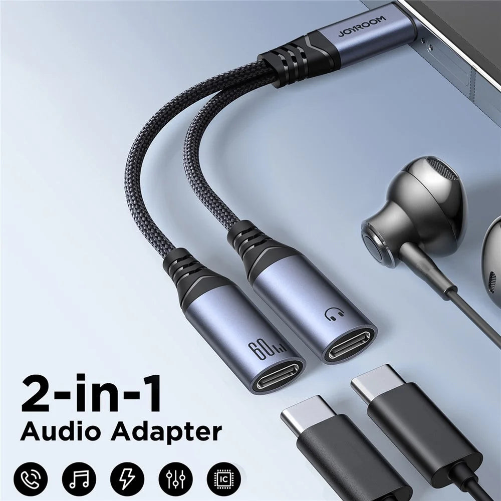 JOYROOM SY-C03 Type-C to Dual Type-C Audio Connector PD 60W Fast Charging Adapter Splitter - Black - 2