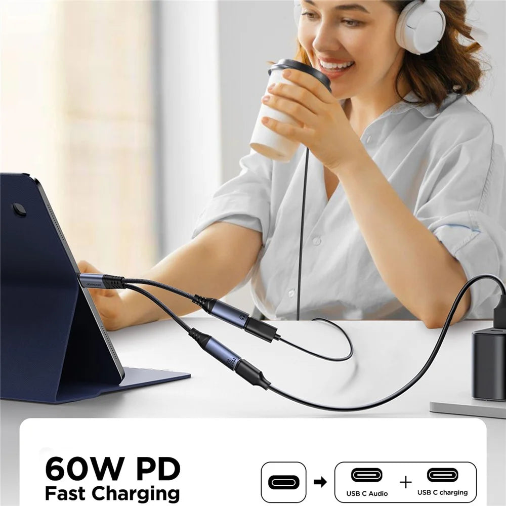 JOYROOM SY-C03 Type-C to Dual Type-C Audio Connector PD 60W Fast Charging Adapter Splitter - Black - 4