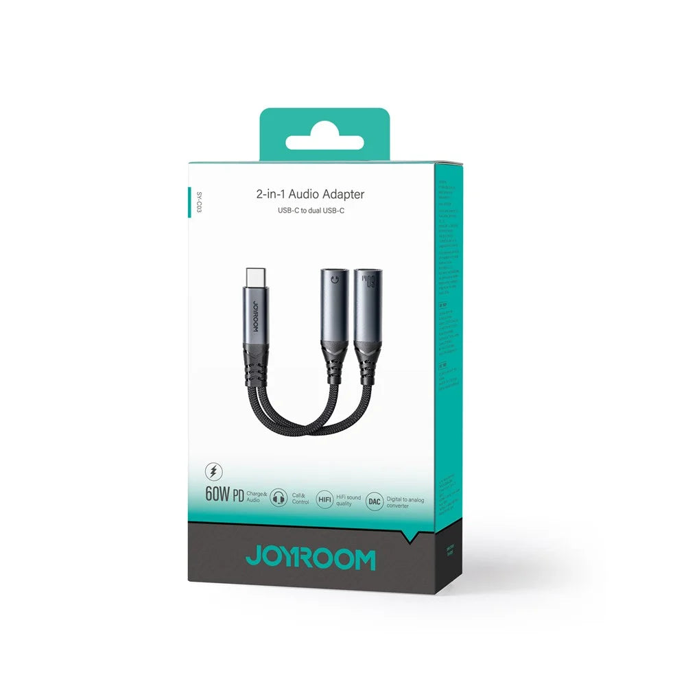 JOYROOM SY-C03 Type-C to Dual Type-C Audio Connector PD 60W Fast Charging Adapter Splitter - Black - 7
