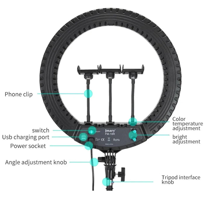 JMARY FM-18R 18-inch Photography Live Streaming Fill Light LED Beauty Ring Light - US Plug - 3