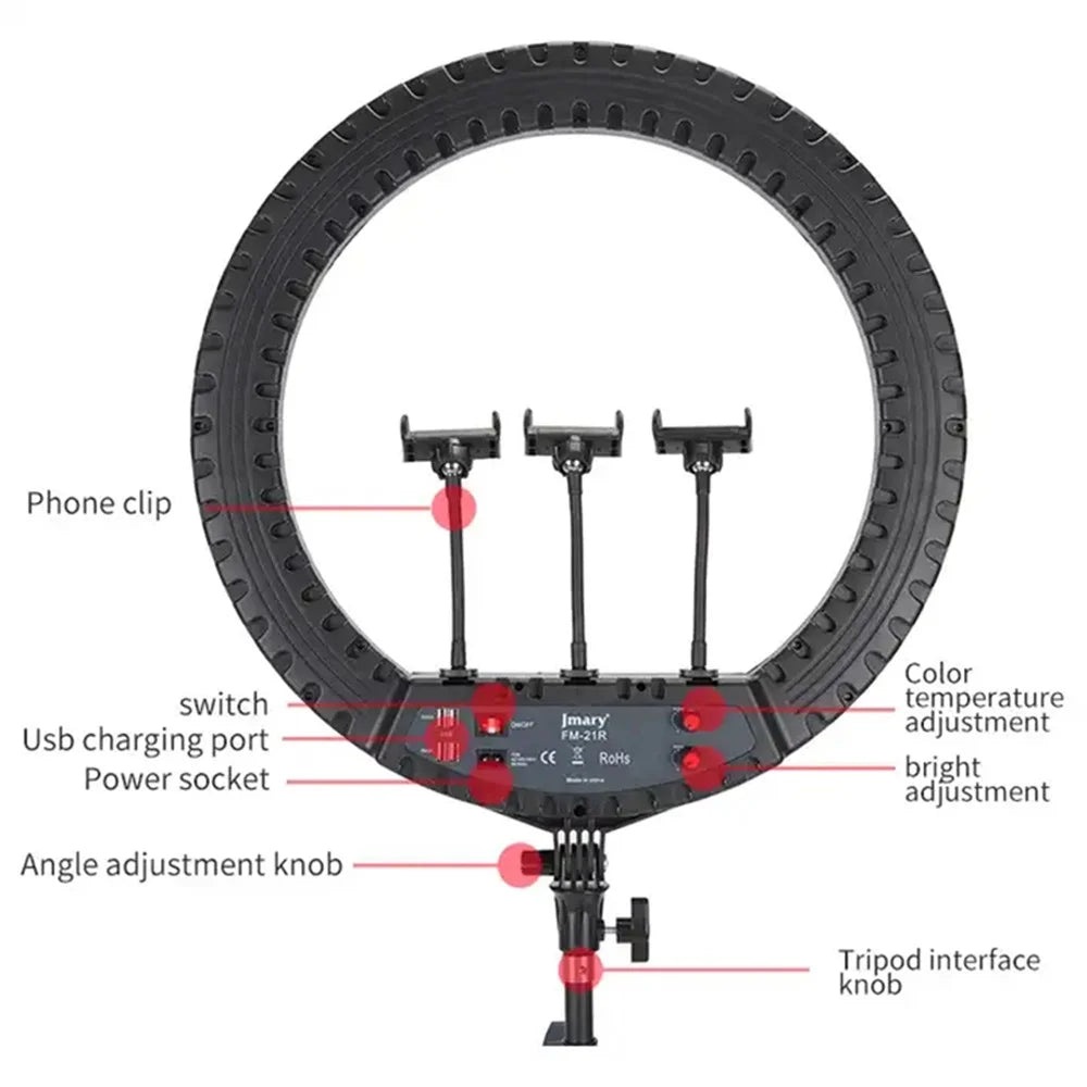JMARY FM-21R 21-inch Remote Control Dimmable LED Ring Light with Phone Clip - EU Plug - 6