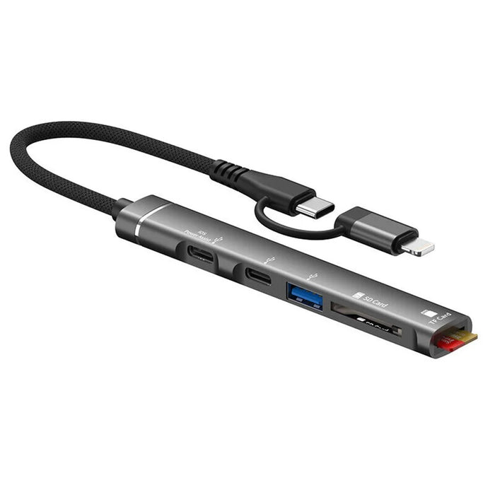 SVT02 For Iphone+Type-C Hub Adapter to 2 Type-C Ports+USB+2 Card Reader Slots - Black - 1