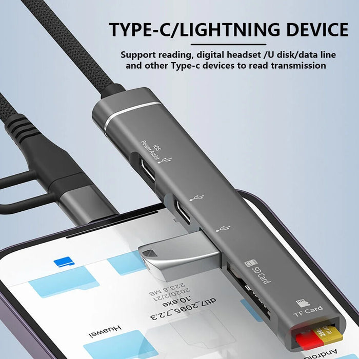 SVT02 For Iphone+Type-C Hub Adapter to 2 Type-C Ports+USB+2 Card Reader Slots - Black - 5