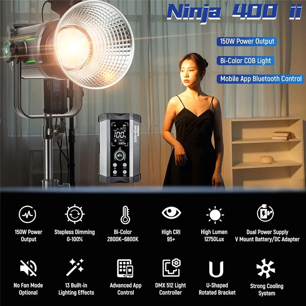 WEEYLITE Ninja 400 II 150W COB Studio Light 2800K - 6800K APP Control Photography Lamp with Reflector - US Plug - 2