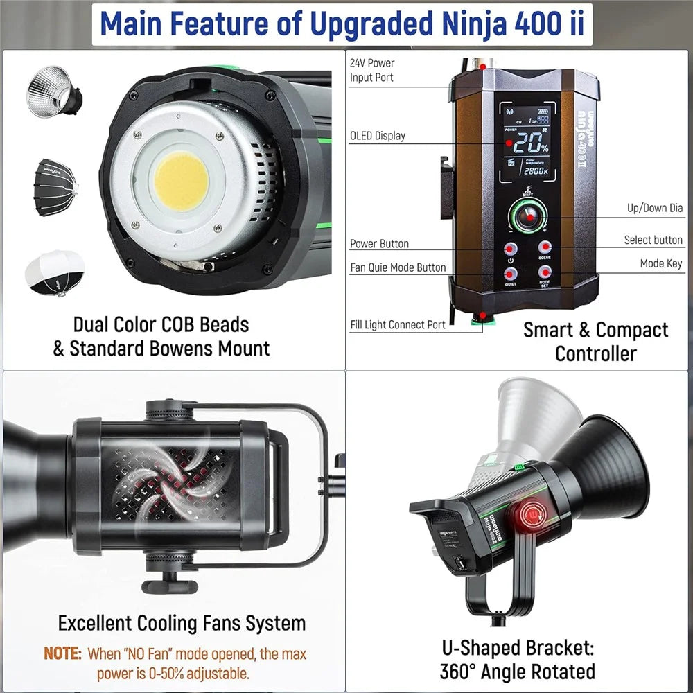 WEEYLITE Ninja 400 II 150W COB Studio Light 2800K - 6800K APP Control Photography Lamp with Reflector - US Plug - 7
