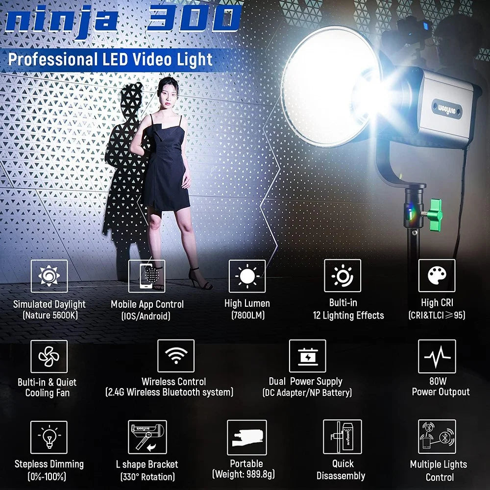 WEEYLITE Ninja 300 80W LED Studio Light with Reflector CRI 95+ 7800LM 5600K Photography Video Lamp - US Plug - 2