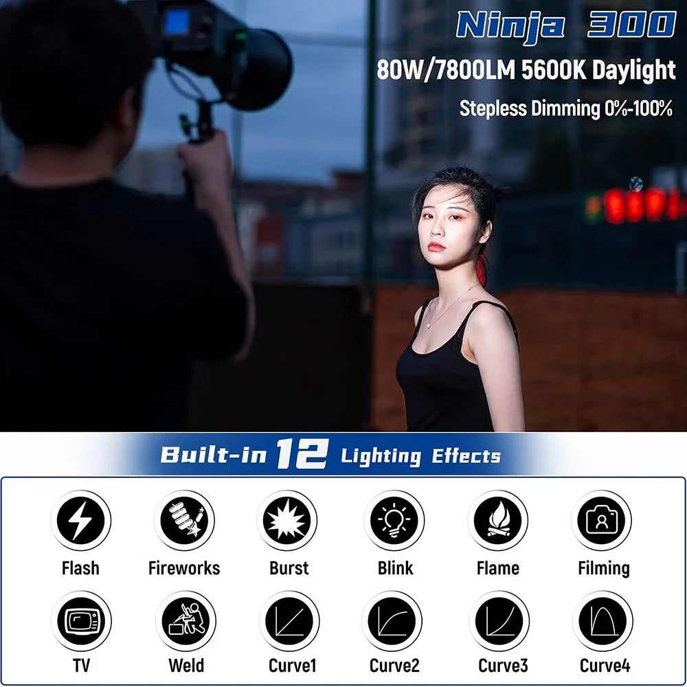 WEEYLITE Ninja 300 80W LED Studio Light with Reflector CRI 95+ 7800LM 5600K Photography Video Lamp - US Plug - 3