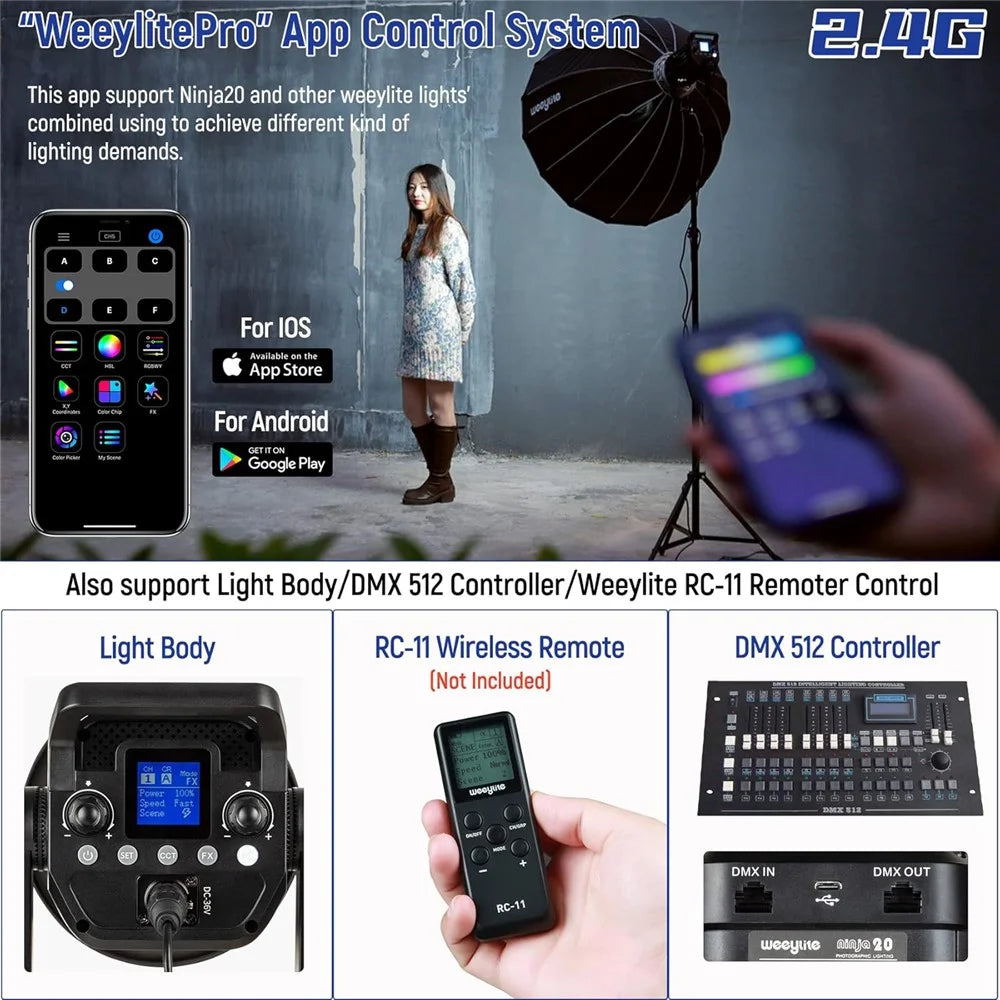 WEEYLITE Ninja 20 200W 5600K LED Video Light with Reflector Intelligent App Control Photography Lamp - US Plug - 4