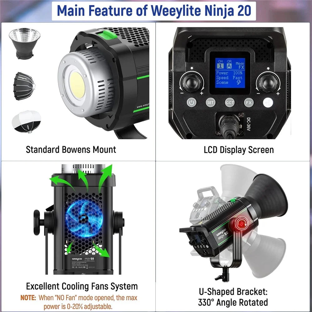 WEEYLITE Ninja 20 200W 5600K LED Video Light with Reflector Intelligent App Control Photography Lamp - US Plug - 5