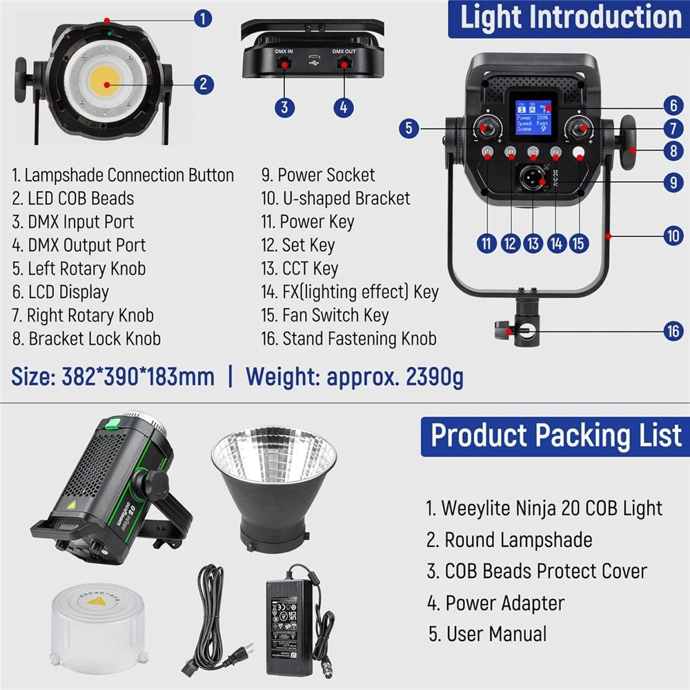 WEEYLITE Ninja 20 200W 5600K LED Video Light with Reflector Intelligent App Control Photography Lamp - US Plug - 7