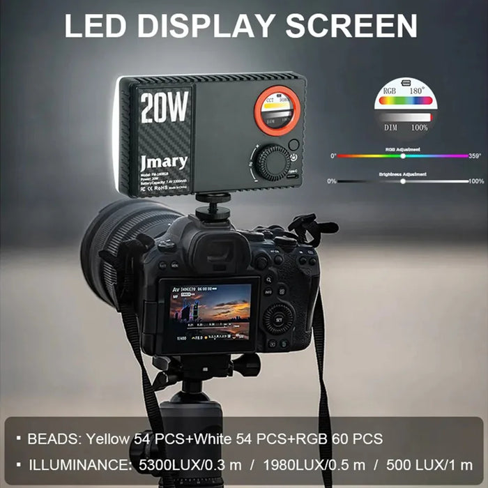 JMARY FM-180RGB RGB LED Video Light 20W 3300mAh Rechargeable Fill Light with Magnetic Diffuser for Photography DSLR Camera - 7