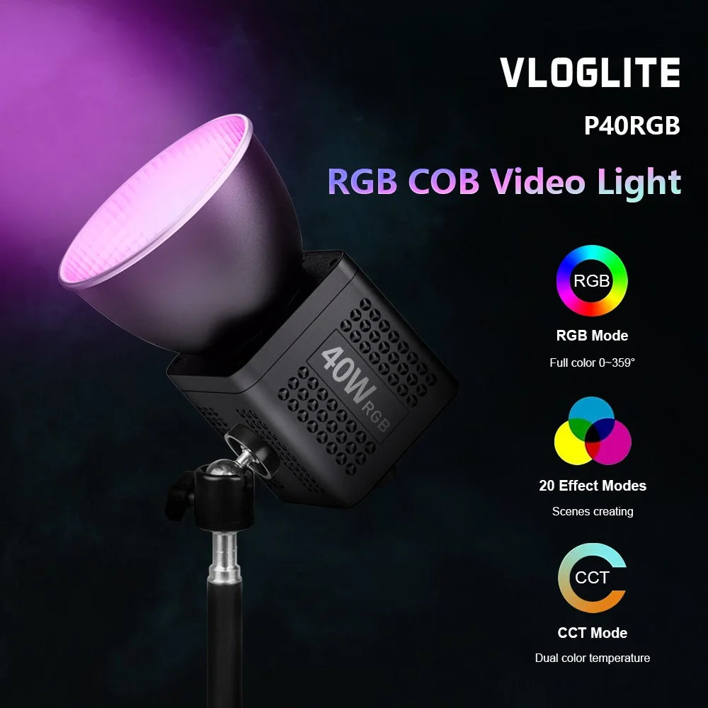 VLOGLITE P40RGB 40W COB RGB Video Light 2500K-6500K 20 Effects Modes Studio Video Lamp for Photography Live Streaming - 2