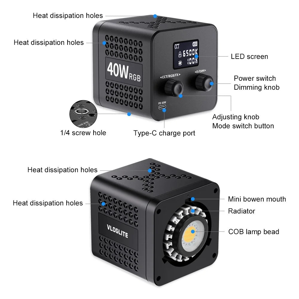 VLOGLITE P40RGB 40W COB RGB Video Light 2500K-6500K 20 Effects Modes Studio Video Lamp for Photography Live Streaming - 7