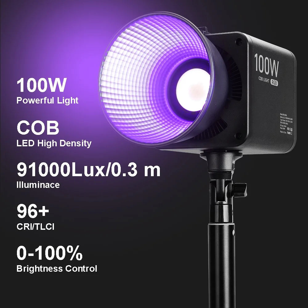 VLOGLITE P100RGB 100W COB Video Light 2700K-6500K CRI96+ Rechargeable Studio Lighting Wireless Photography Lamp - 3