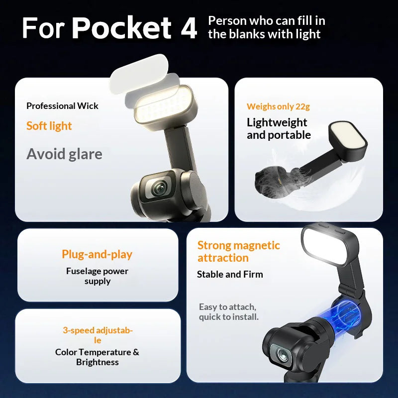 VRIG FD-10 For DJI Osmo Pocket 4 Magnetic LED Fill Light 3-Level Adjustable Action Camera Gimbal Lamp - A0347-FD/10 - 3