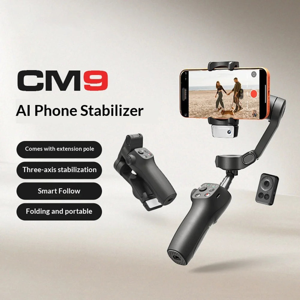 FUNSNAP CM9 3-Axis Gimbal Stabilizer AI Tracking Phone Holder with Fill Light for Live Streaming Photography, AI Version - Black - 2