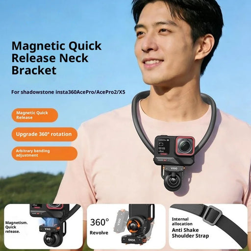 VRIG AC-82 360 Degree Ball Head Magnetic Neck Mount Bracket for Insta360 Ace  /  Pro  /  Pro 2  /  X5  /  X4 Air Quick Release Adjustable Bracket - Black - 2
