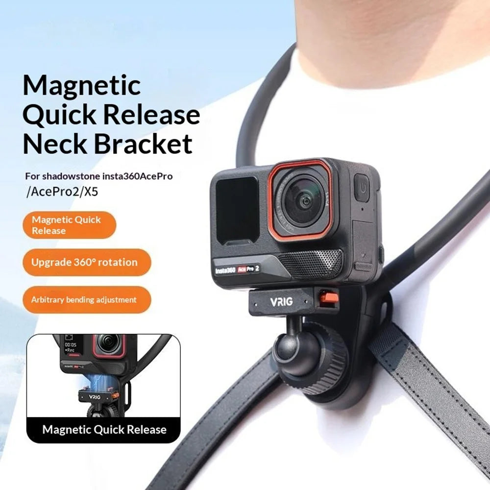 VRIG AC-82 360 Degree Ball Head Magnetic Neck Mount Bracket for Insta360 Ace  /  Pro  /  Pro 2  /  X5  /  X4 Air Quick Release Adjustable Bracket - Black - 4