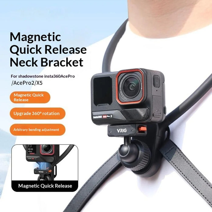 VRIG AC-82 360 Degree Ball Head Magnetic Neck Mount Bracket for Insta360 Ace  /  Pro  /  Pro 2  /  X5  /  X4 Air Quick Release Adjustable Bracket - Black - 4