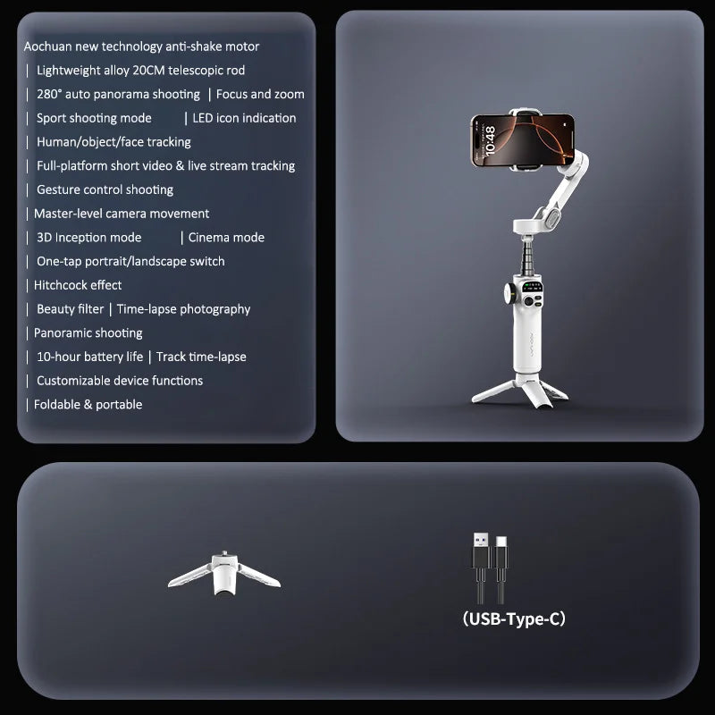 AOCHUAN X2 OLED Screen Gimbal Stabilizer for Smartphone AI Tracking 3-Axis Handheld Phone Stabilizer with Extension Rod - White - 2