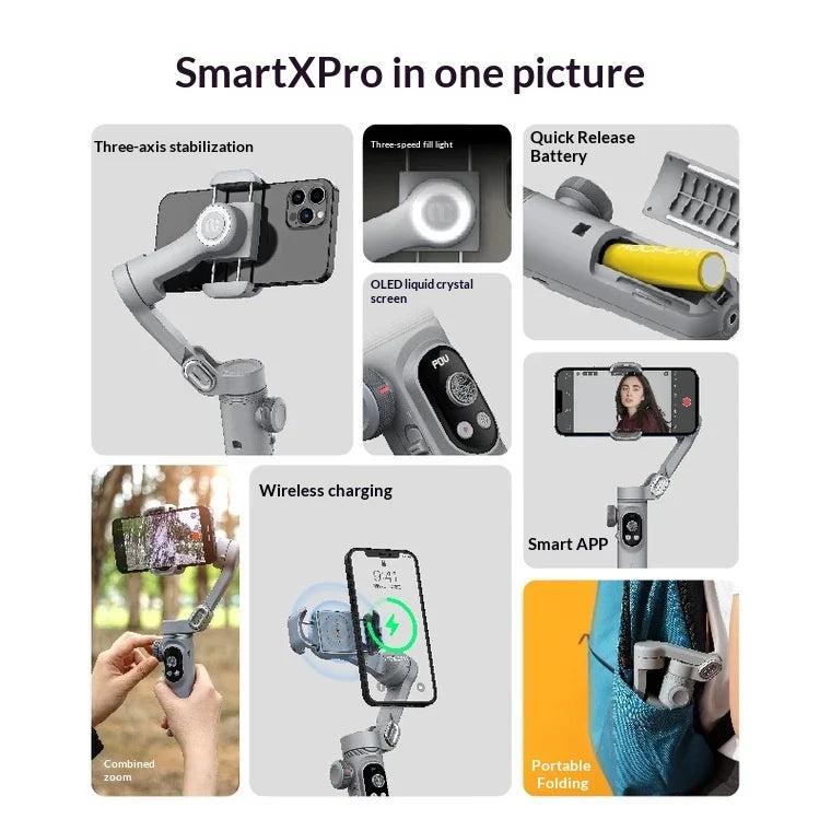 AOCHUAN Smart X Pro Phone Gimbal OLED Screen 3-Axis Stabilizer with LED Fill Light for Vlog Live Streaming - Gray - 4