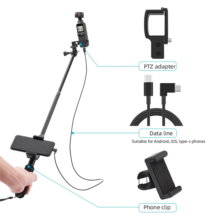 BRDRC DJI-5016 Selfie Stick for DJI OSMO Pocket 2 Handheld Gimbal Stabilizer Cable Phone Clip Module Extension Pole - Type C to Micro - 3