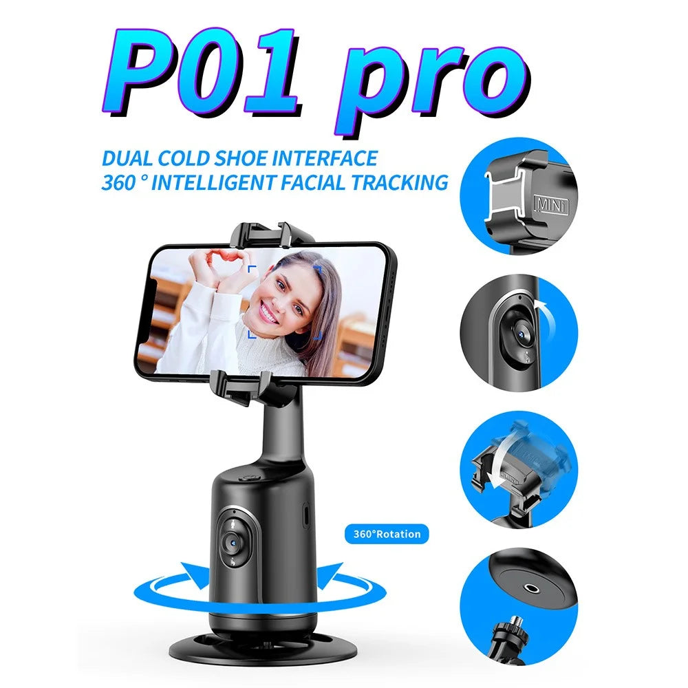 P01 pro 360-Degree Intelligent Tracking Gimbal Camera with Cold Shoe Portable Gimbal Stabilizer - Black - 2