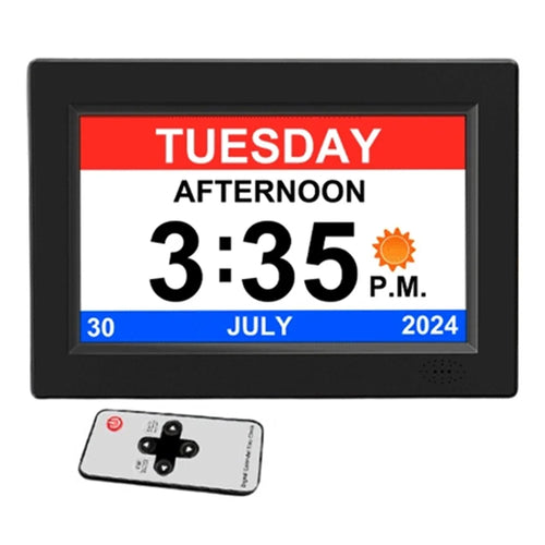 8001 8 Inch Digital Clock Photo Frame Calendar 12 Alarms Medicine Reminder 4 Color Display for Seniors, EU Plug - Black - 1