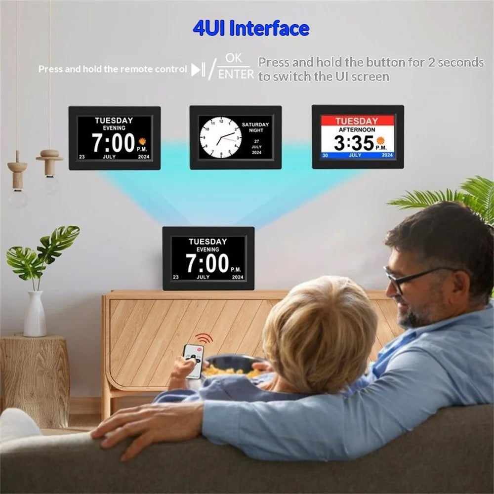 8001 8 Inch Digital Clock Photo Frame Calendar 12 Alarms Medicine Reminder 4 Color Display for Seniors, EU Plug - Black - 2