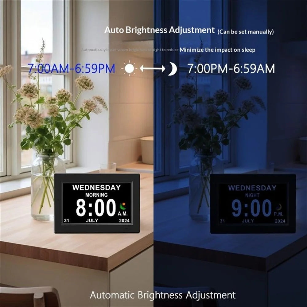 8001 8 Inch Digital Clock Photo Frame Calendar 12 Alarms Medicine Reminder 4 Color Display for Seniors, EU Plug - Black - 3