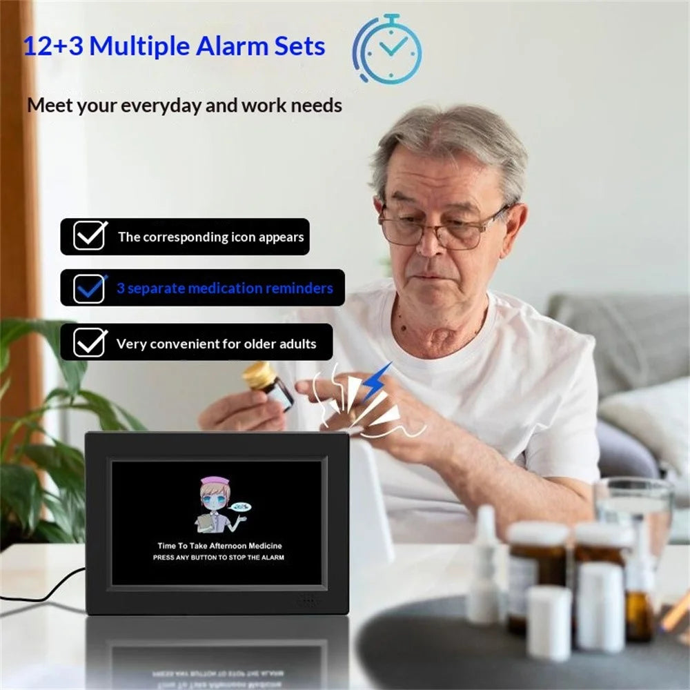 8001 8 Inch Digital Clock Photo Frame Calendar 12 Alarms Medicine Reminder 4 Color Display for Seniors, EU Plug - Black - 4