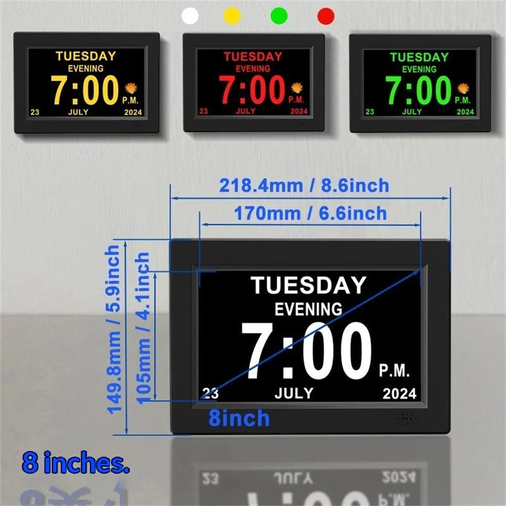 8001 8 Inch Digital Clock Photo Frame Calendar 12 Alarms Medicine Reminder 4 Color Display for Seniors, EU Plug - Black - 6