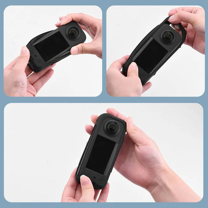 BRDRC Silicone Case for Insta360 X3 Panoramic Camera Anti-scratch Protective Cover with Strap - Black - 3