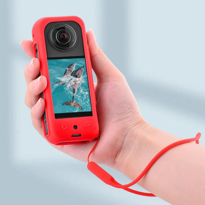 BRDRC Silicone Case for Insta360 X3 Panoramic Camera Anti-scratch Protective Cover with Strap - Black - 4