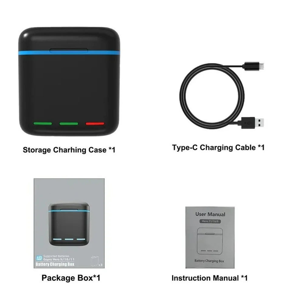 3-Channel USB Battery Charger for GoPro Hero 13 Battery Charging Case TF Card Storage Box - Black - 6