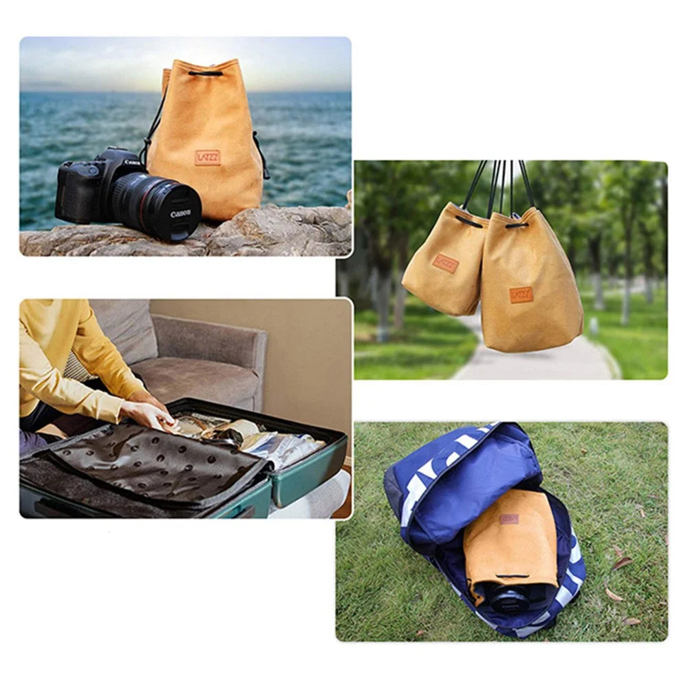 LATZZ Vintage Faux Suede Camera Drawstring Bag Travel DSLR Camera Bag Soft Lens Daypack, Size M - Yellow - 2