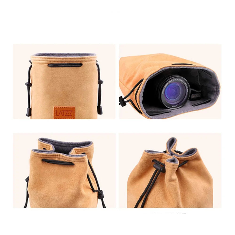 LATZZ Vintage Faux Suede Camera Drawstring Bag Travel DSLR Camera Bag Soft Lens Daypack, Size M - Yellow - 4
