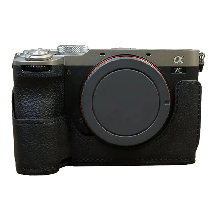 For Sony A7C II / A7CR Camera Bottom Case Retro PU Leather Half Body Cover with Battery Opening - Black - 1