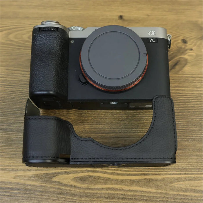 For Sony A7C II / A7CR Camera Bottom Case Retro PU Leather Half Body Cover with Battery Opening - Black - 6