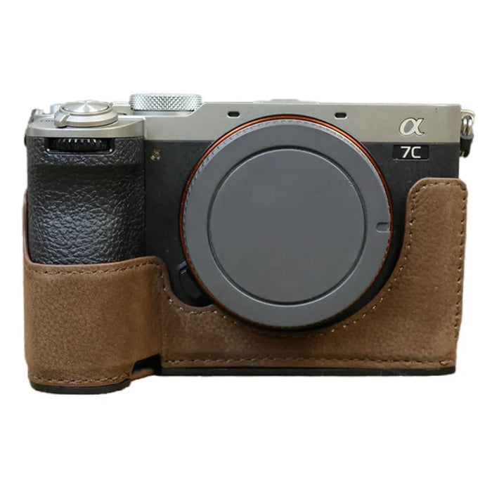 For Sony A7C II / A7CR Camera Bottom Case Genuine Cow Leather Anti-Drop Half Body Cover with Battery Opening - Coffee - 1