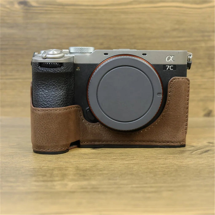 For Sony A7C II / A7CR Camera Bottom Case Genuine Cow Leather Anti-Drop Half Body Cover with Battery Opening - Coffee - 2