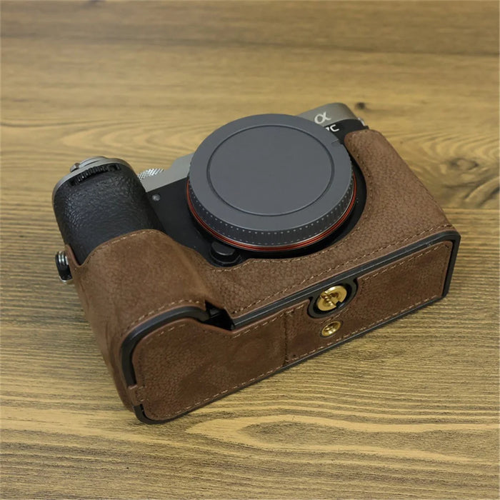 For Sony A7C II / A7CR Camera Bottom Case Genuine Cow Leather Anti-Drop Half Body Cover with Battery Opening - Coffee - 3