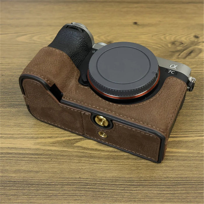 For Sony A7C II / A7CR Camera Bottom Case Genuine Cow Leather Anti-Drop Half Body Cover with Battery Opening - Coffee - 4