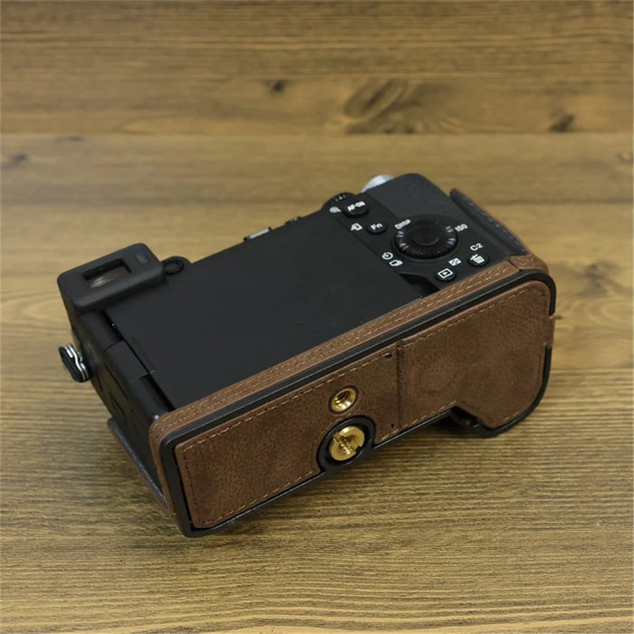 For Sony A7C II / A7CR Camera Bottom Case Genuine Cow Leather Anti-Drop Half Body Cover with Battery Opening - Coffee - 7