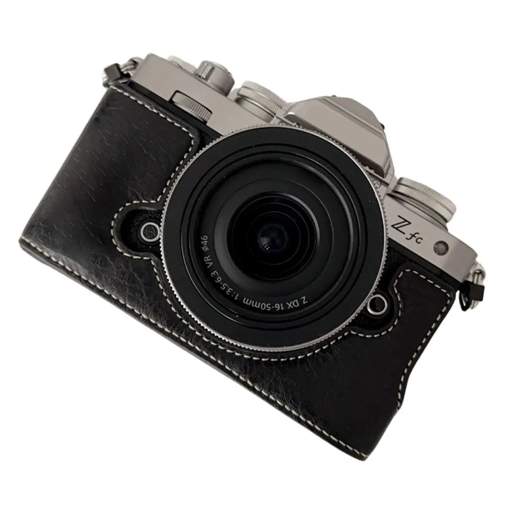 For Nikon Z Fc Buffalo Texture PU Leather Bottom Case Half Body Camera Cover with Battery Opening - Black - 1