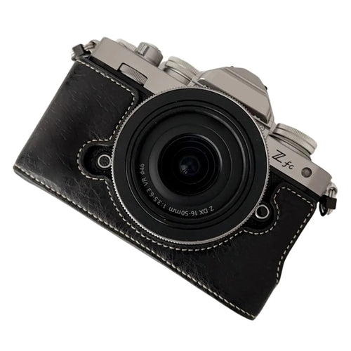 For Nikon Z Fc Buffalo Texture PU Leather Bottom Case Half Body Camera Cover with Battery Opening - Black - 1